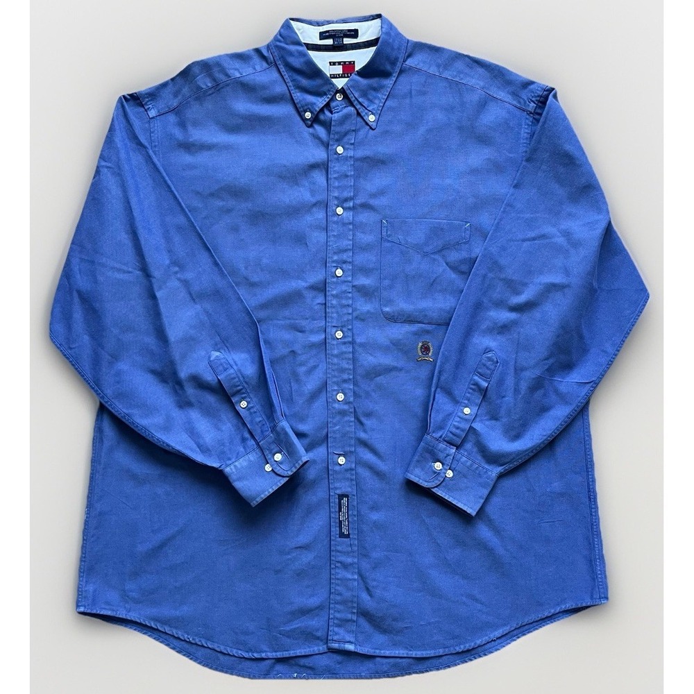 Tommy Hilfiger Button Shirt Men 17.5 34-35 Blue Cotton Oxford Crest Vintage - Picture 2 of 11
